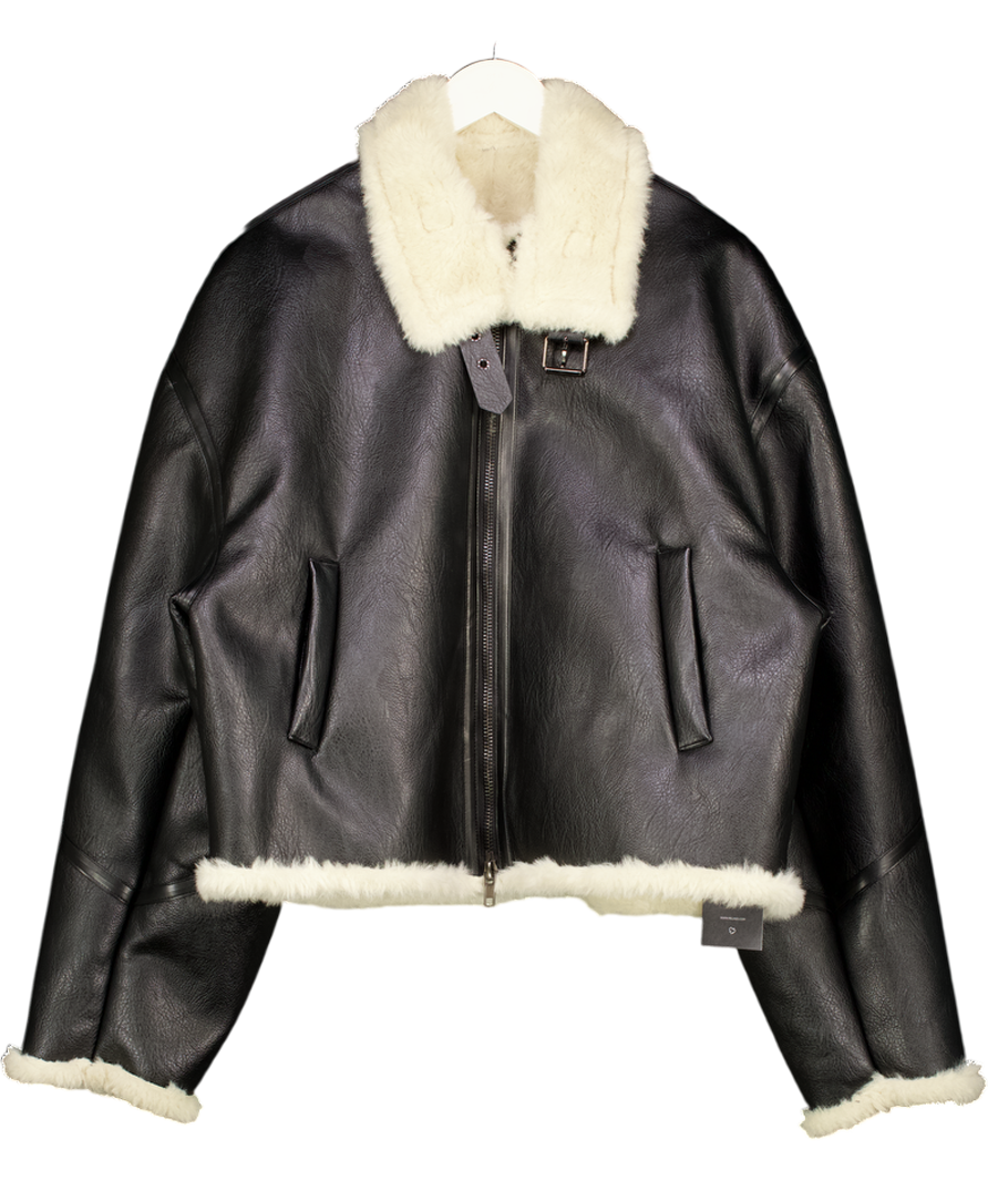 FLEUR Black Leather Fur Lined Aviator Jacket UK L