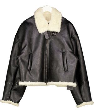 FLEUR Black Leather Fur Lined Aviator Jacket UK L
