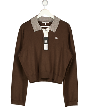 THE COUTURE CLUB Brown Long Sleeve Knitted Collar Polo Top UK 16