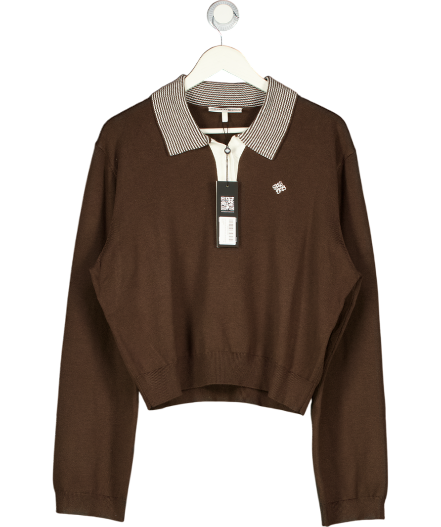 THE COUTURE CLUB Brown Long Sleeve Knitted Collar Polo Top UK 16