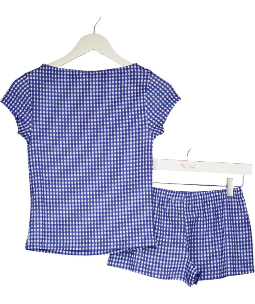 ASOS Blue Textured Gingham Micro Shorts And Slash Neck Top Set UK S