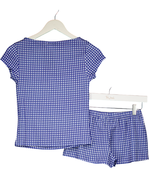 ASOS Blue Textured Gingham Micro Shorts And Slash Neck Top Set UK S