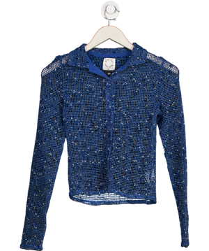 WITH JEANS Blue Open Knit Shirt Top UK XS