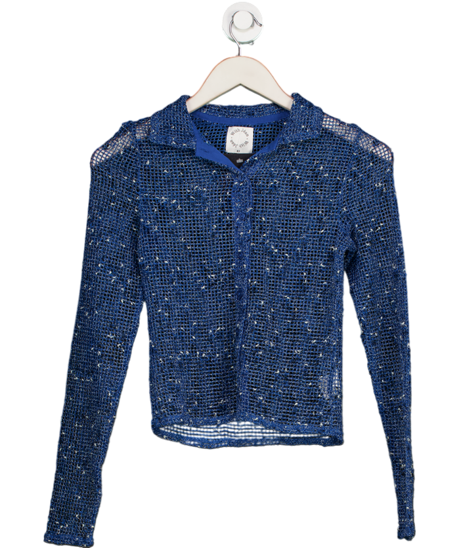 WITH JEANS Blue Open Knit Shirt Top UK XS