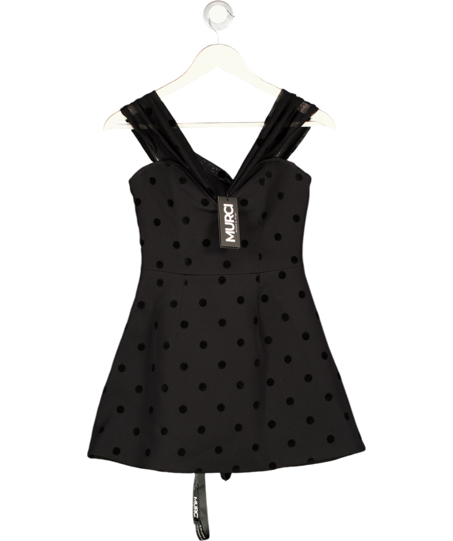 MURCI Exclusive Polka Dot Mesh Bardot Plunge Neck Mini Dress In Black UK 8
