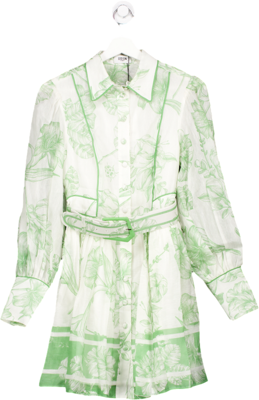 Leo Lin White / Green Silk/linen Blend Floral Cassandra Belted Mini Dress UK 6