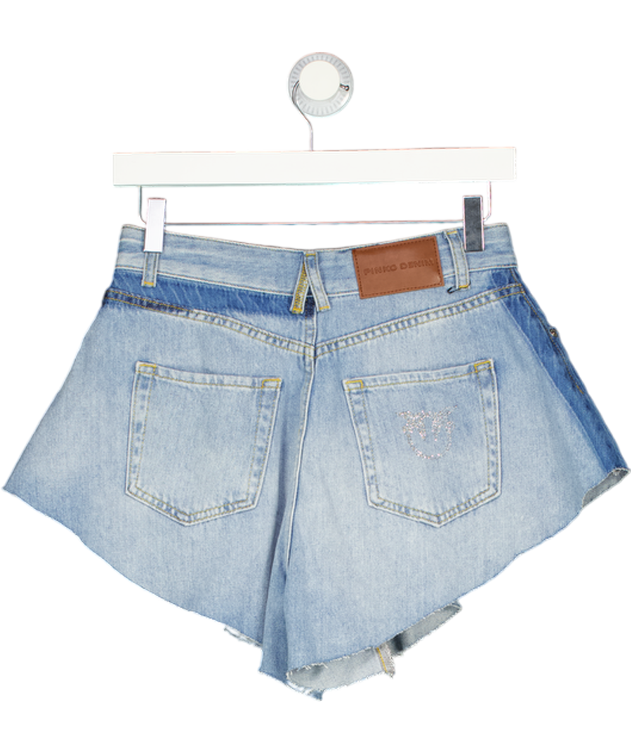 PINKO Blue Denim A-line Crystal Embellished Logo Shorts W26
