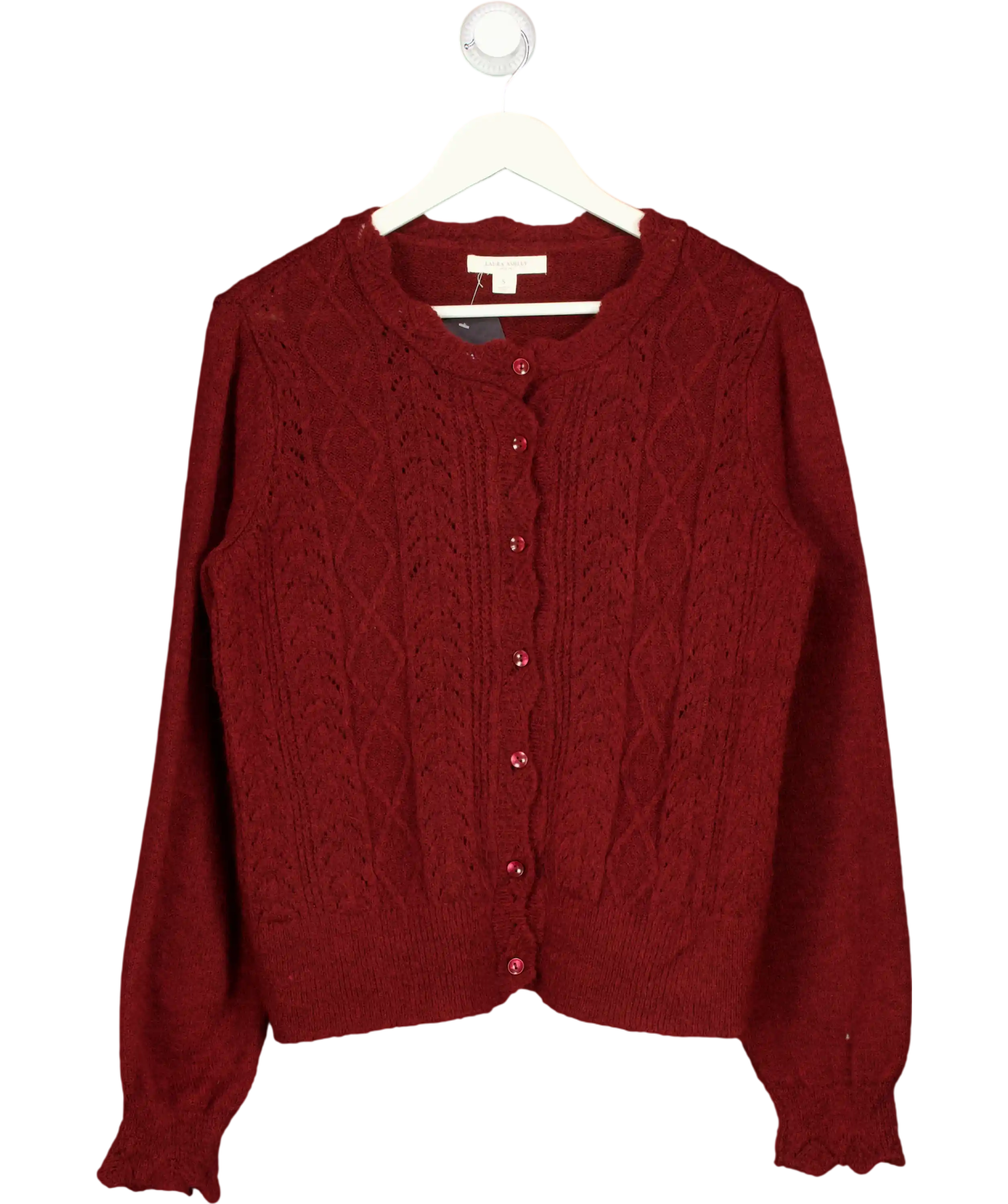 LAURA ASHLEY Burgundy Red Cable Knit Crew Neck Cardigan UK S