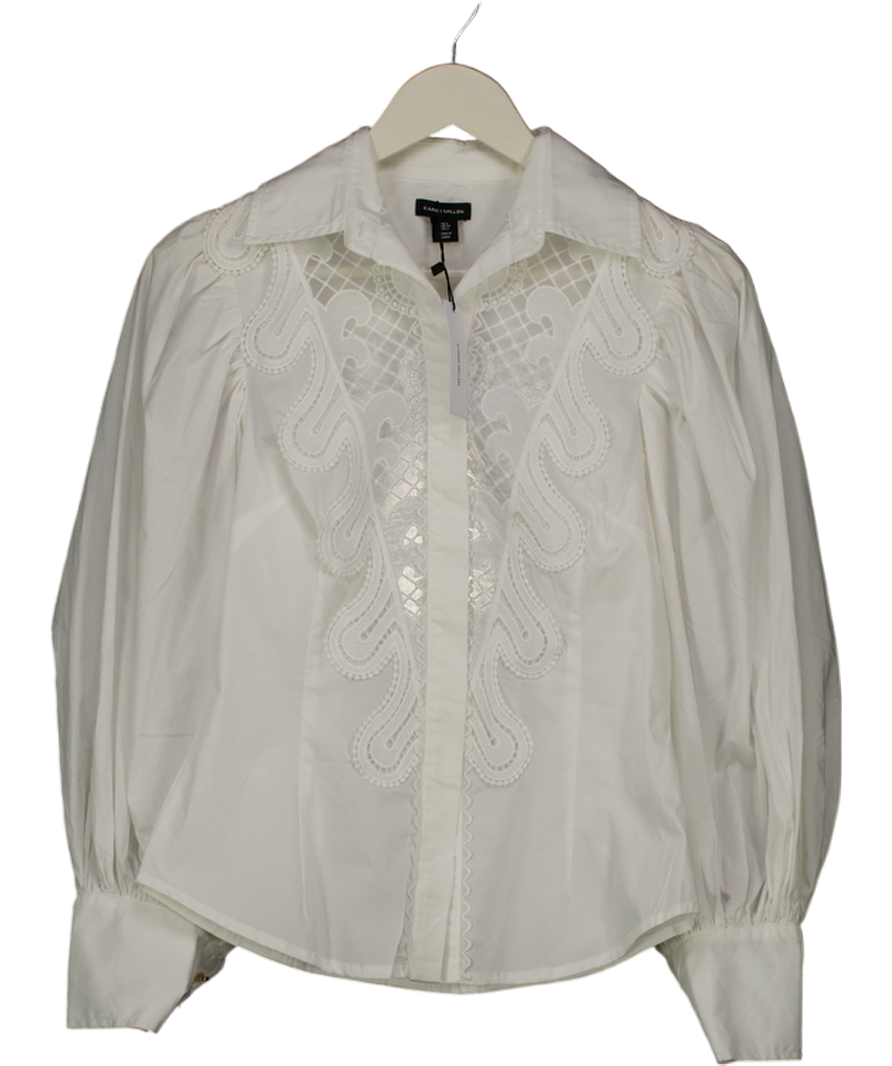 Karen Millen White Poplin Cutwork Ruffle Trim Balloon Sleeve Woven Shirt UK 6