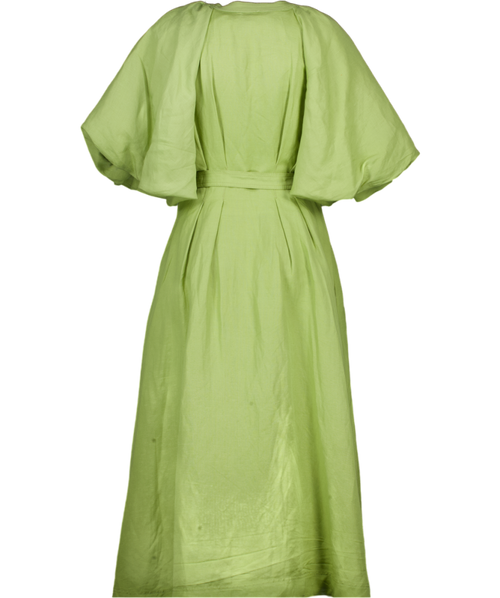 Aje Green Evermore Puff-sleeve Linen-blend Midi Dress UK 12