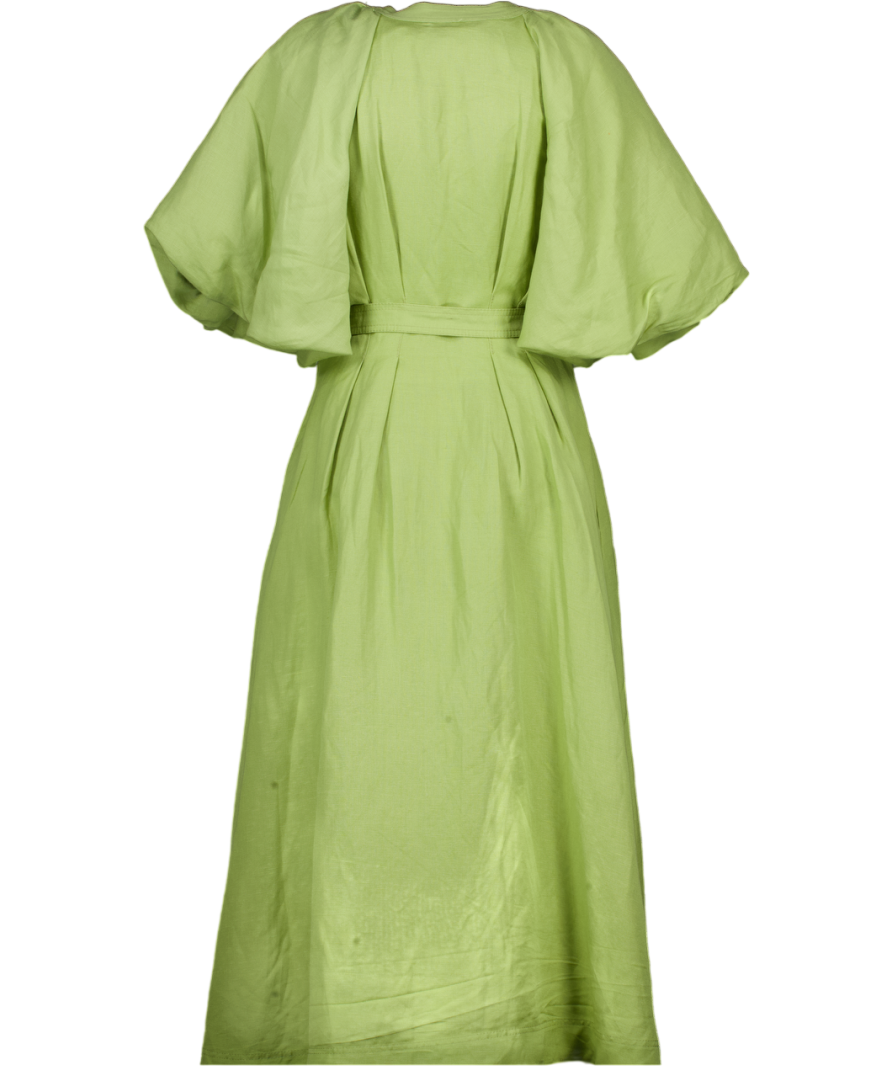 Aje Green Evermore Puff-sleeve Linen-blend Midi Dress UK 12