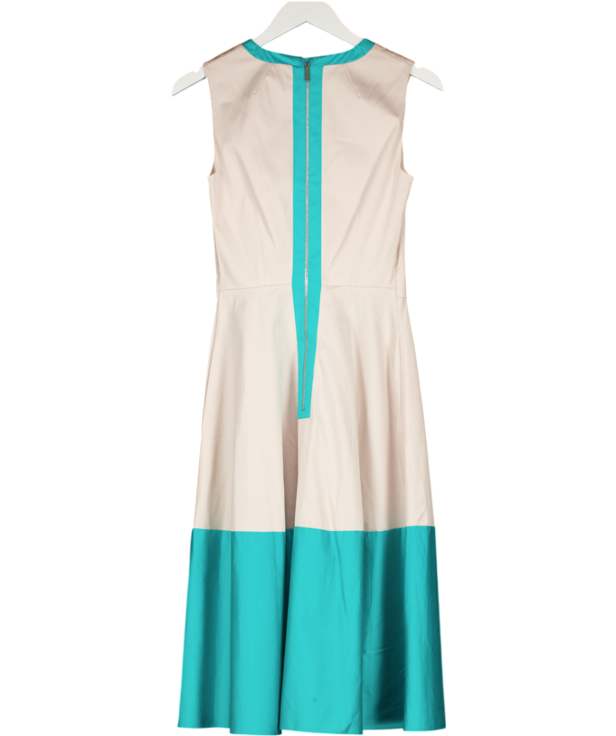 Karen Millen Beige / Turquoise Fit &flare Cotton Midi Dress UK 8