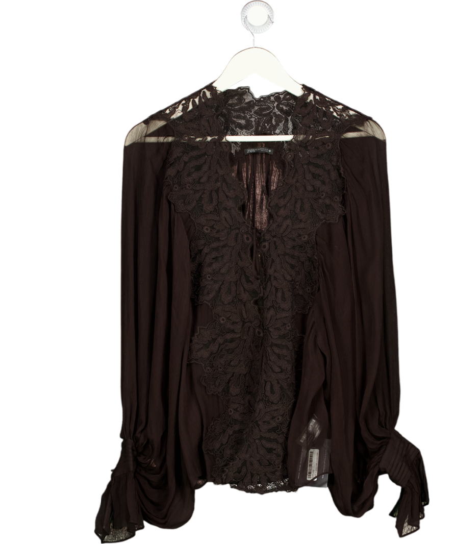 ZARA Dark Brown Lace Tie Front Georgette Blouse UK XS/S