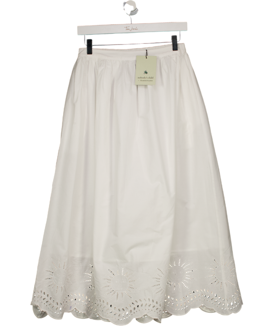 NOBODY'S CHILD X Elizabeth Scarlet White Cutwork Scallop Hem Sintra Midi Skirt UK 8