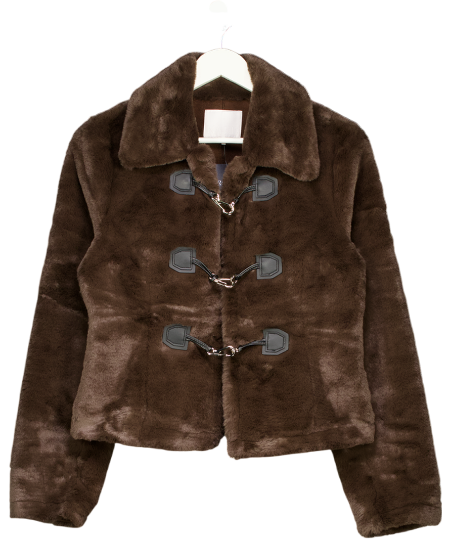 NA-KD Brown X Jourdan Sloane Short Faux Fur Buttoned Jacket UK 8