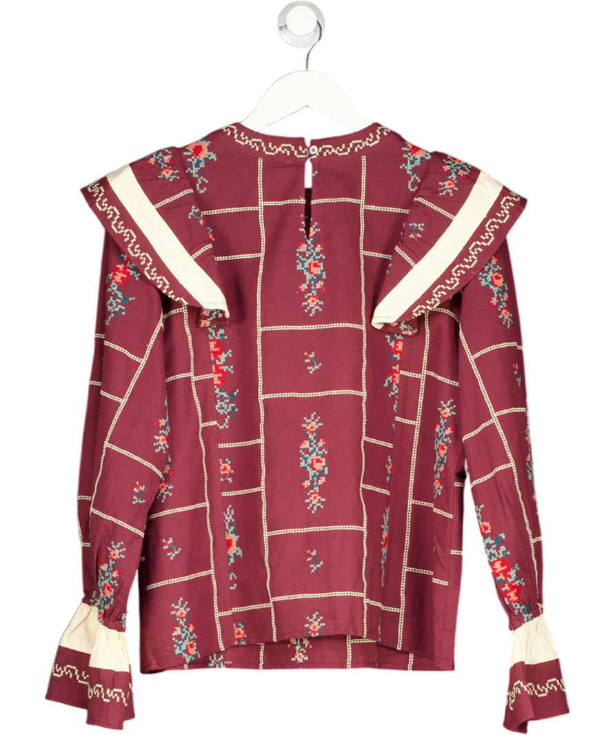 Sezane Red X Baziszt Burgundy  / Cream Embroidered Cotton-linen Long-sleeved Shirt Fr38 UK 10