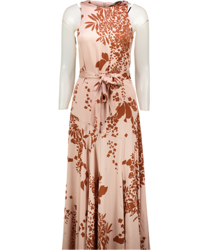 ME + EM Pink Silk Satin Draping Wisteria Print Full Length Dress + Tie-cinnamon UK 8