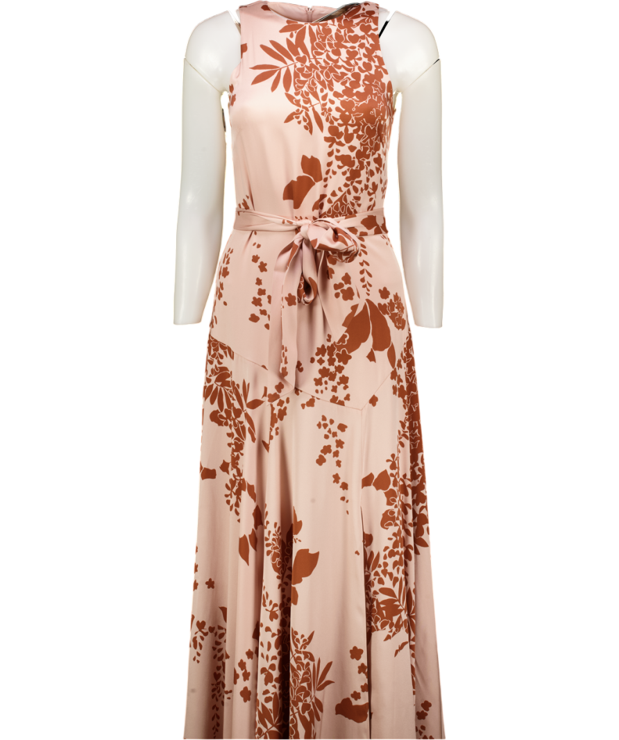 ME + EM Pink Silk Satin Draping Wisteria Print Full Length Dress + Tie-cinnamon UK 8