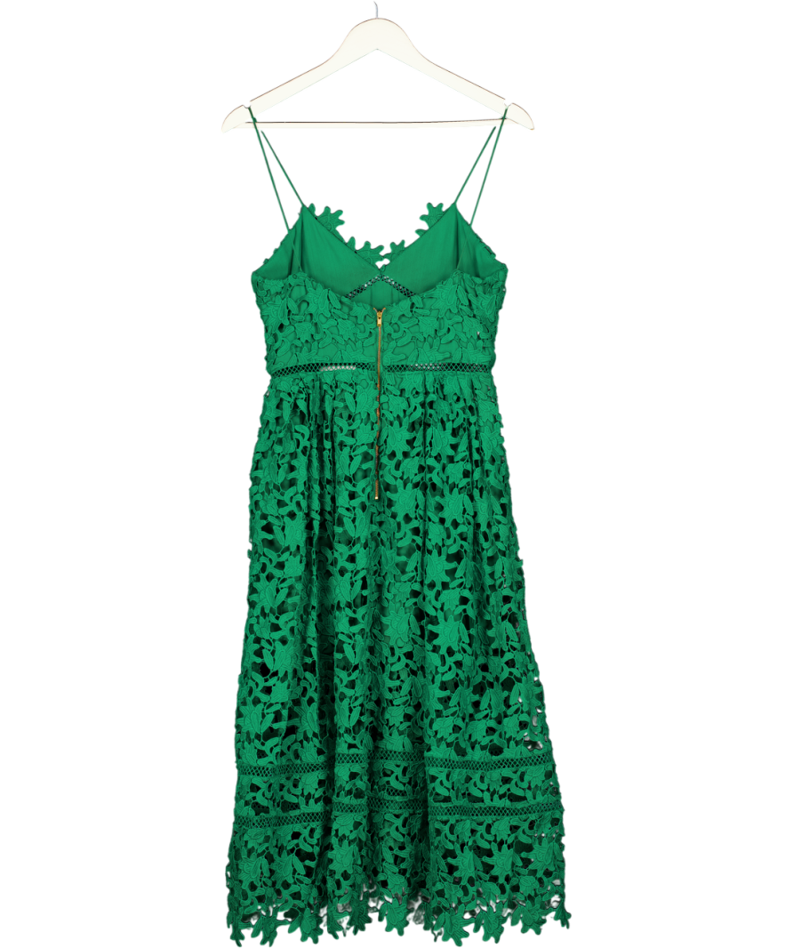 SELF PORTRAIT Emerald Green Azaelea Floral-embroidered Woven Midi Dress UK 10