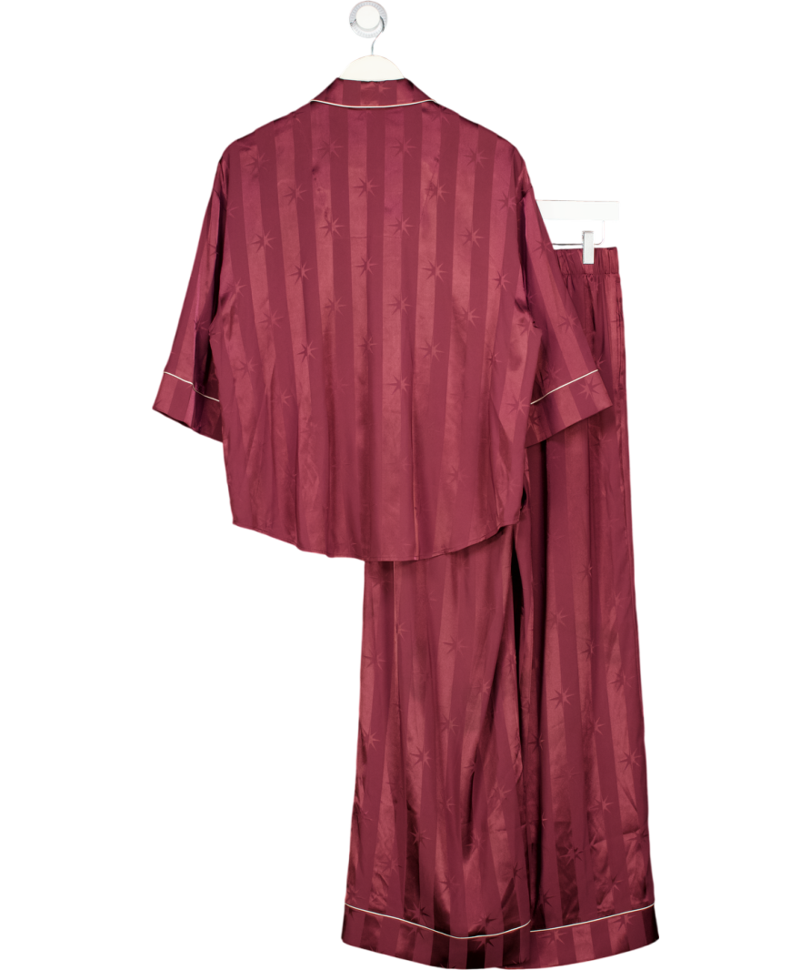 CHELSEA PEERS Burgundy Red Satin Star Stripes Jacquard Long Pyjama Set UK 10