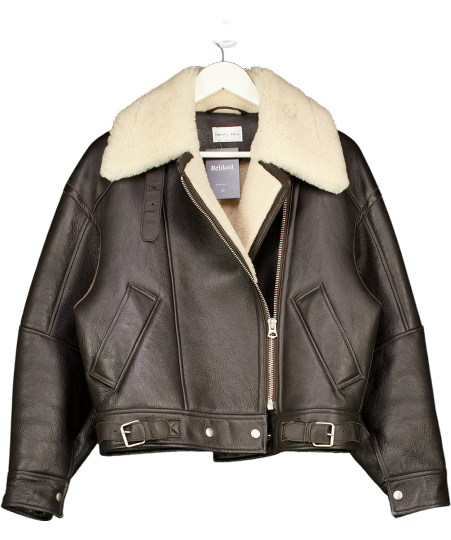 TWENTY FALL Deep Brown Anna 100% Premium Shearling Leather Bomber UK XS