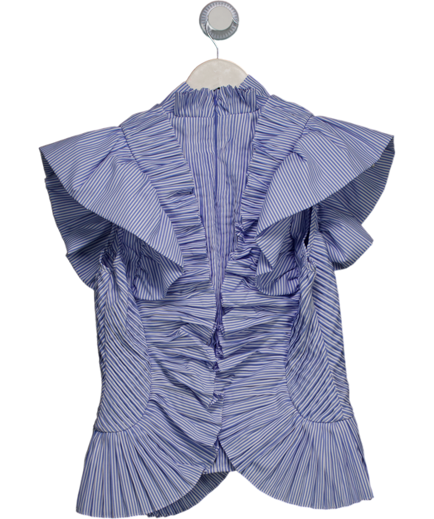 Karen Millen Blue Stripe Pleated Ruffle Sleeve Woven Top UK 8