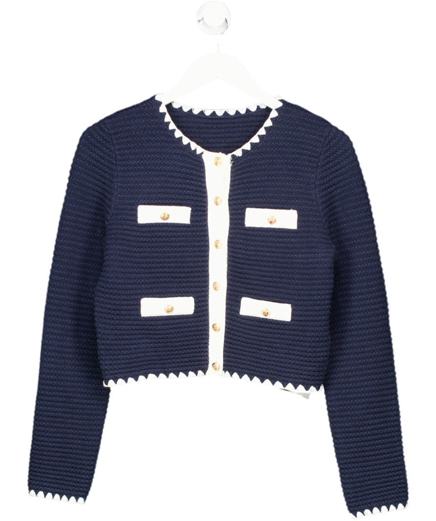 COMMENSE Navy Blue Contrast Scalloped Trim Metal Button Cardigan UK S