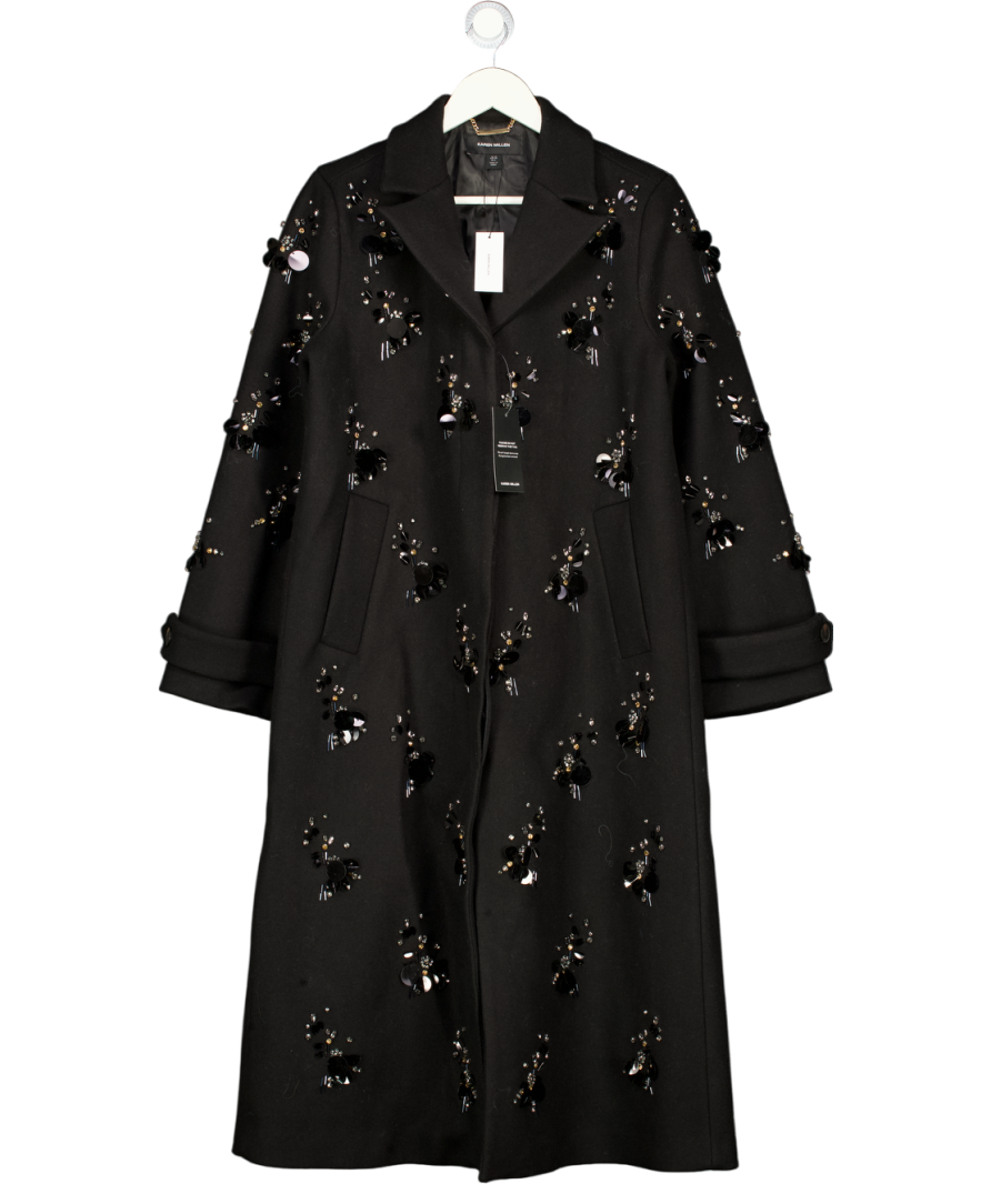 KAREN MILLEN Black Wool Embellished Single Breasted Tailored Coat UK 10