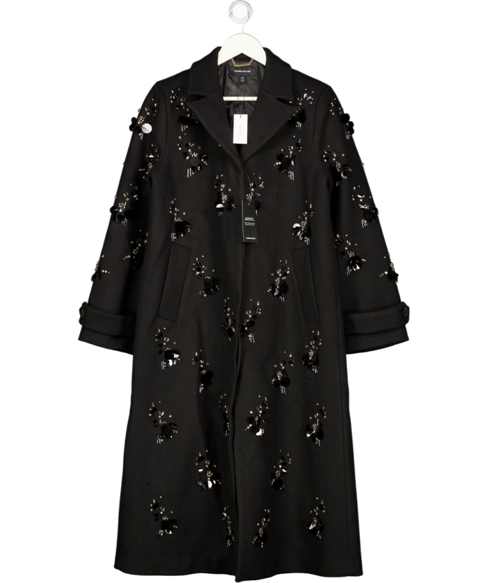 KAREN MILLEN Black Wool Embellished Single Breasted Tailored Coat UK 10
