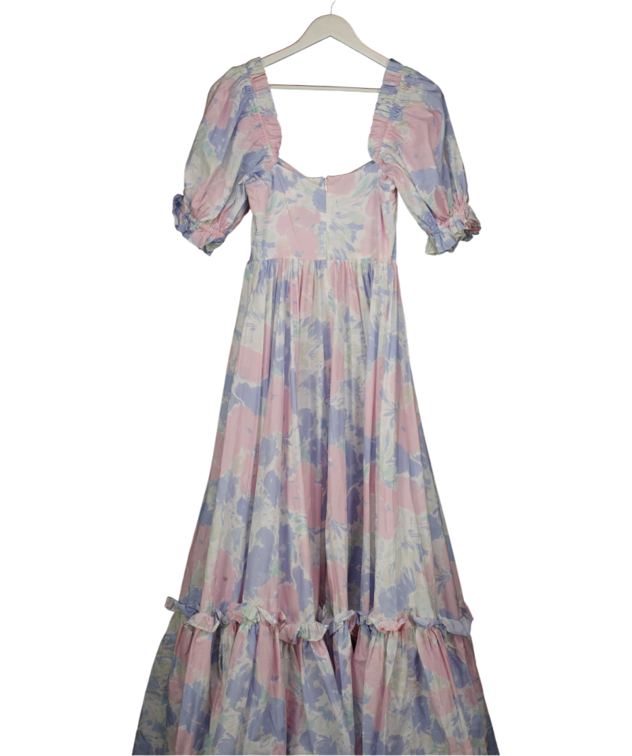 Selkie Baby Blue & Pink Floral Puff Sleeve Maxi Dress UK XS