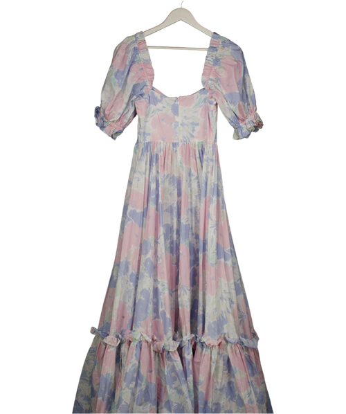 Selkie Baby Blue & Pink Floral Puff Sleeve Maxi Dress UK XS