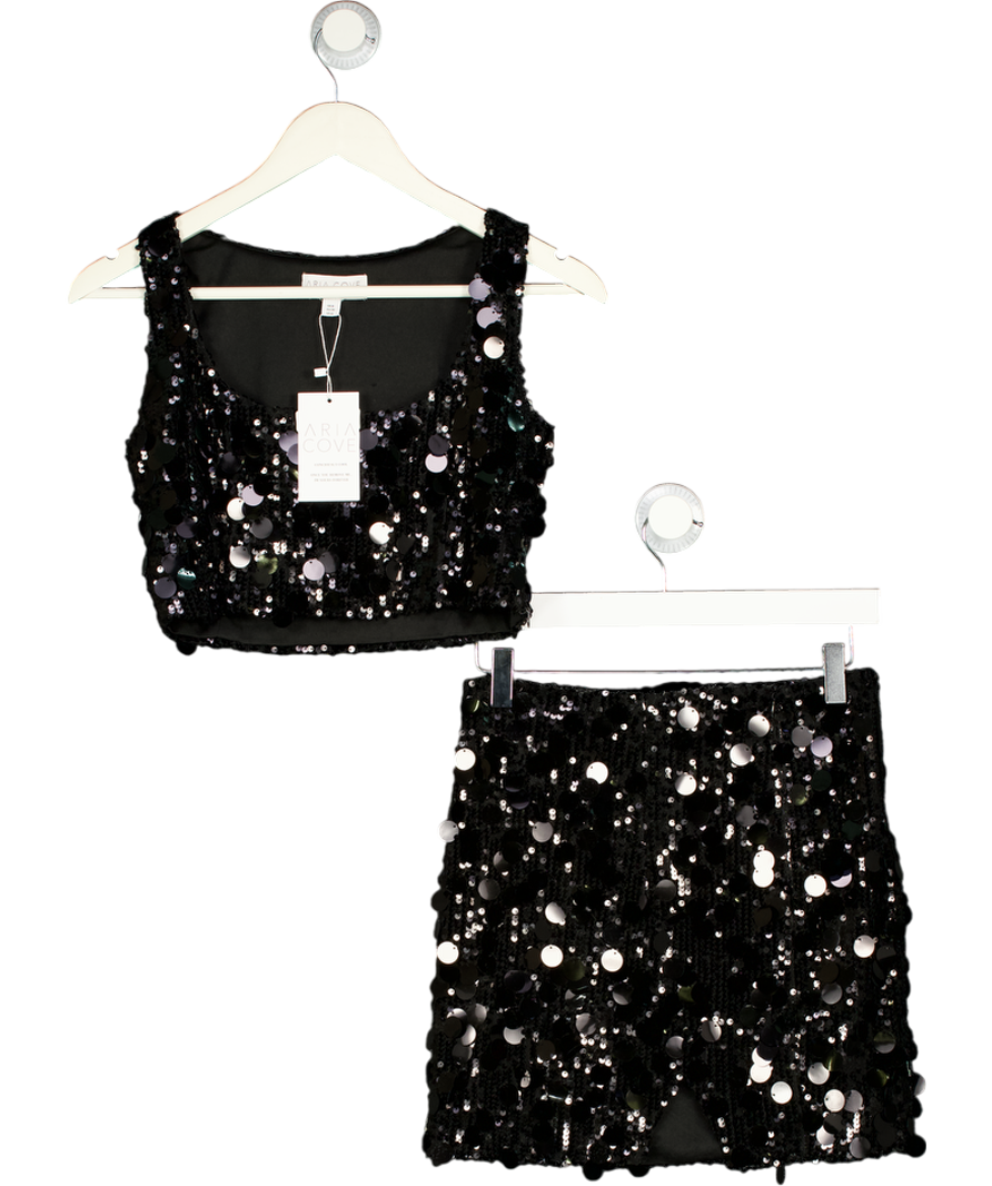 ARIA COVE 2-piece Disc Sequin Mini Skirt & Crop Top Co-ord Set In Black UK 8