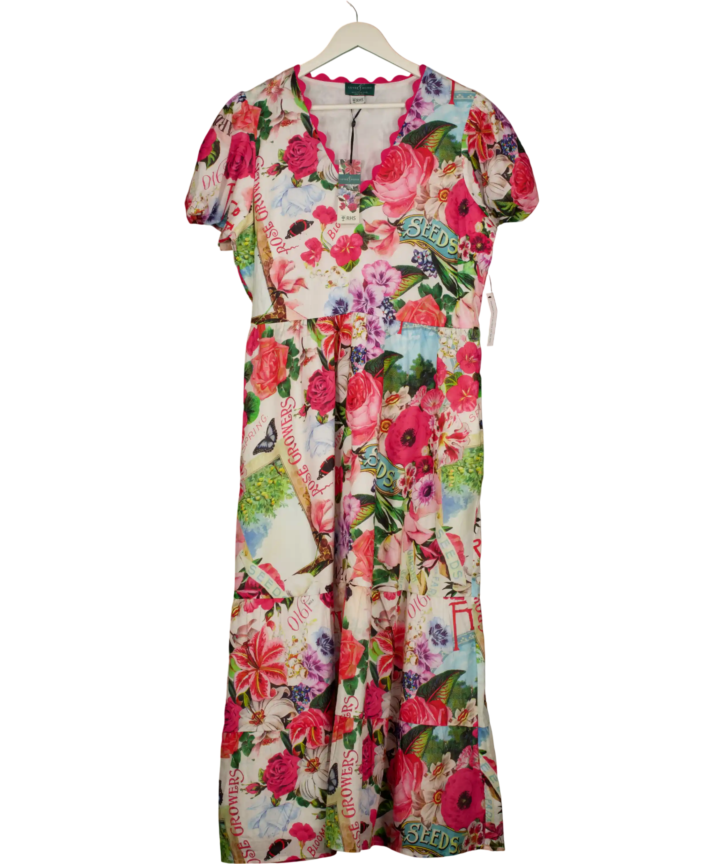 LOVE & ROSES Multicoloured X Rhs Floral Motif Printed Ric Rac V-neck Midi Dress UK 22