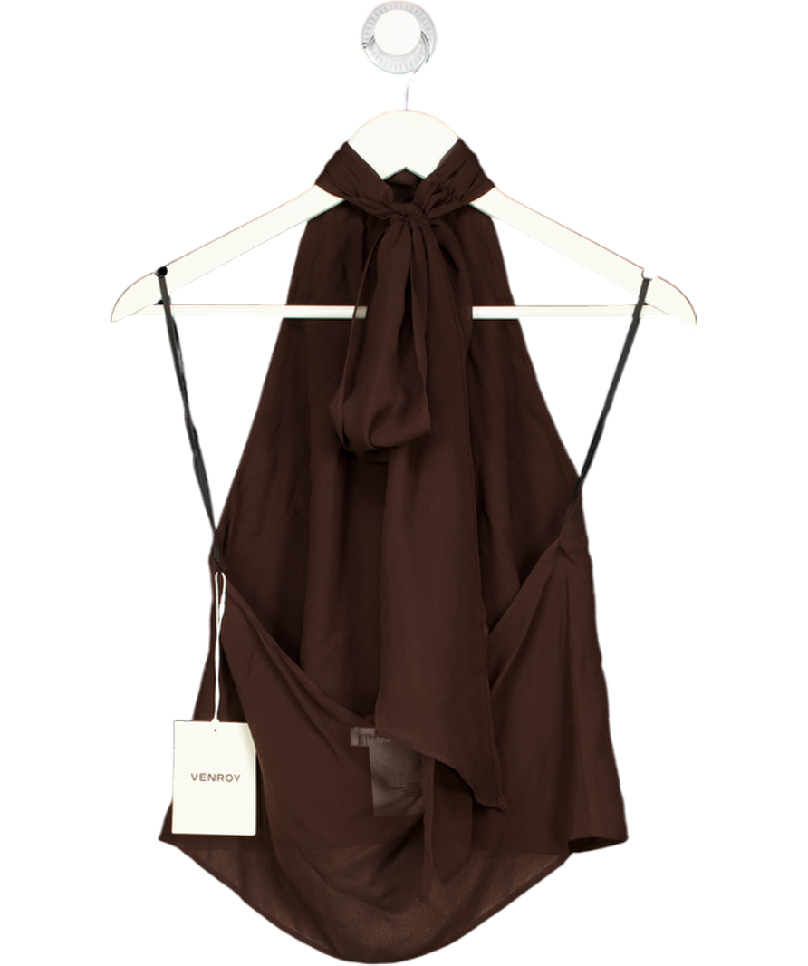 VENROY Chocolate Brown Silk Halter Top UK S