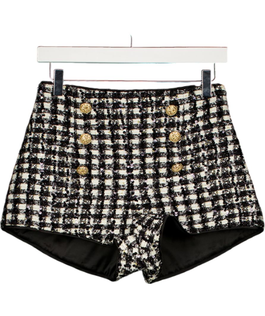 NADINE MERABI Black / Ivory Tweed Eve Check Micro Shorts UK 8