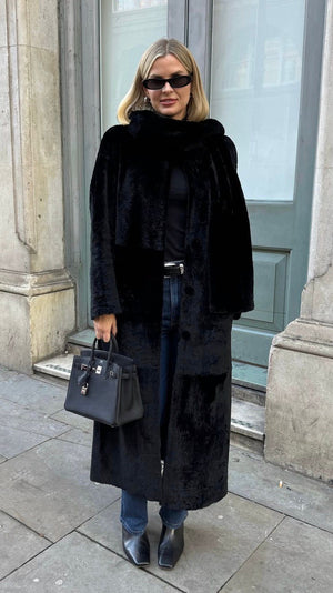NOUR HAMMOUR Black Luxury Shearling Long Coat UK M
