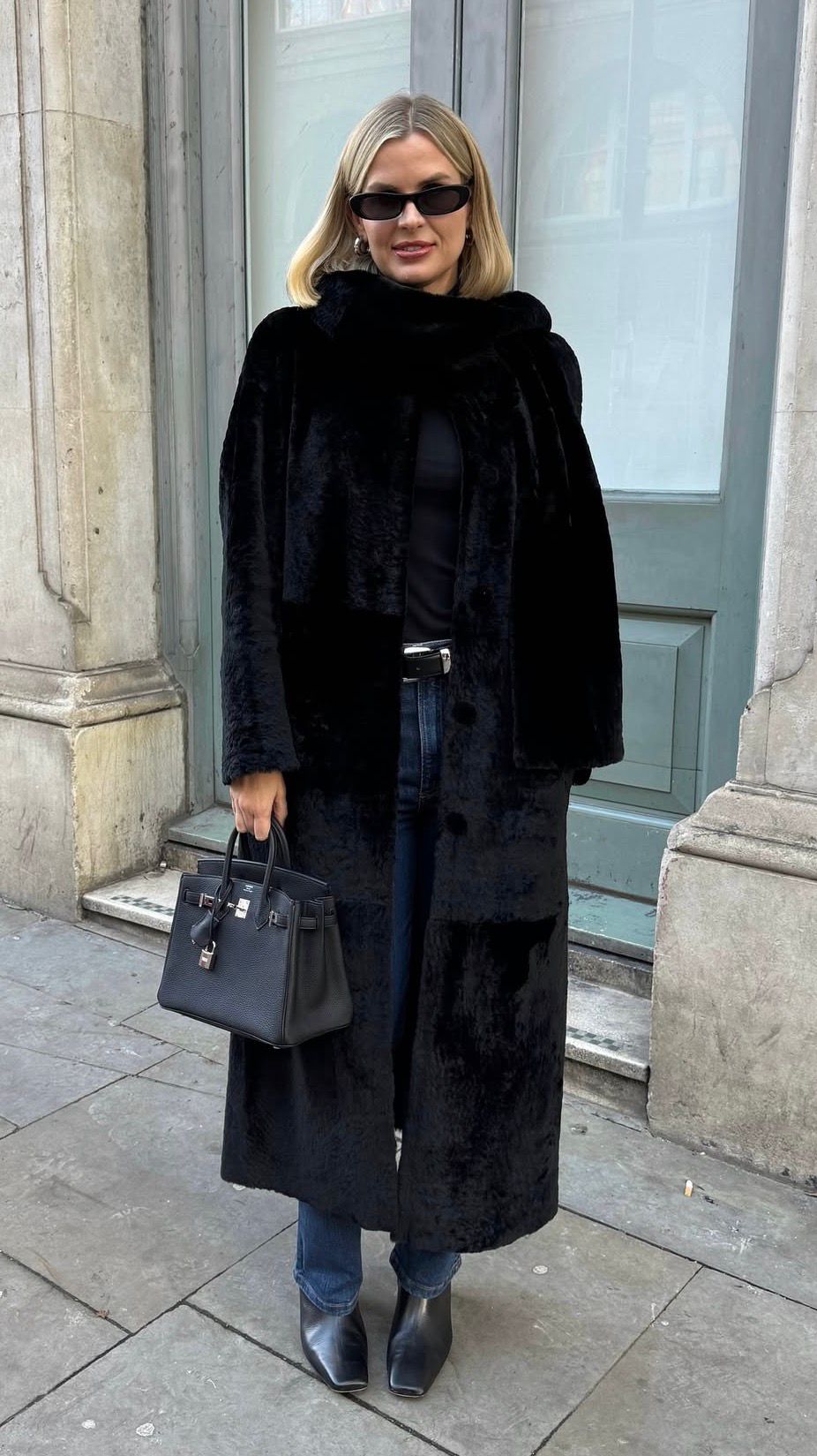 NOUR HAMMOUR Black Luxury Shearling Long Coat UK M
