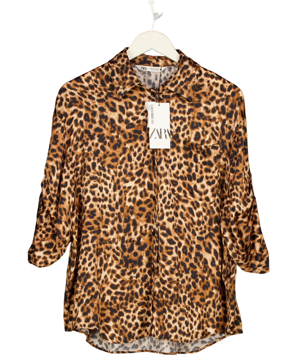 ZARA Brown Leopard Print Oversize Satin Shirt UK XS