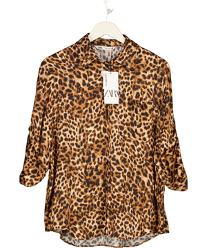 ZARA Brown Leopard Print Oversize Satin Shirt UK XS