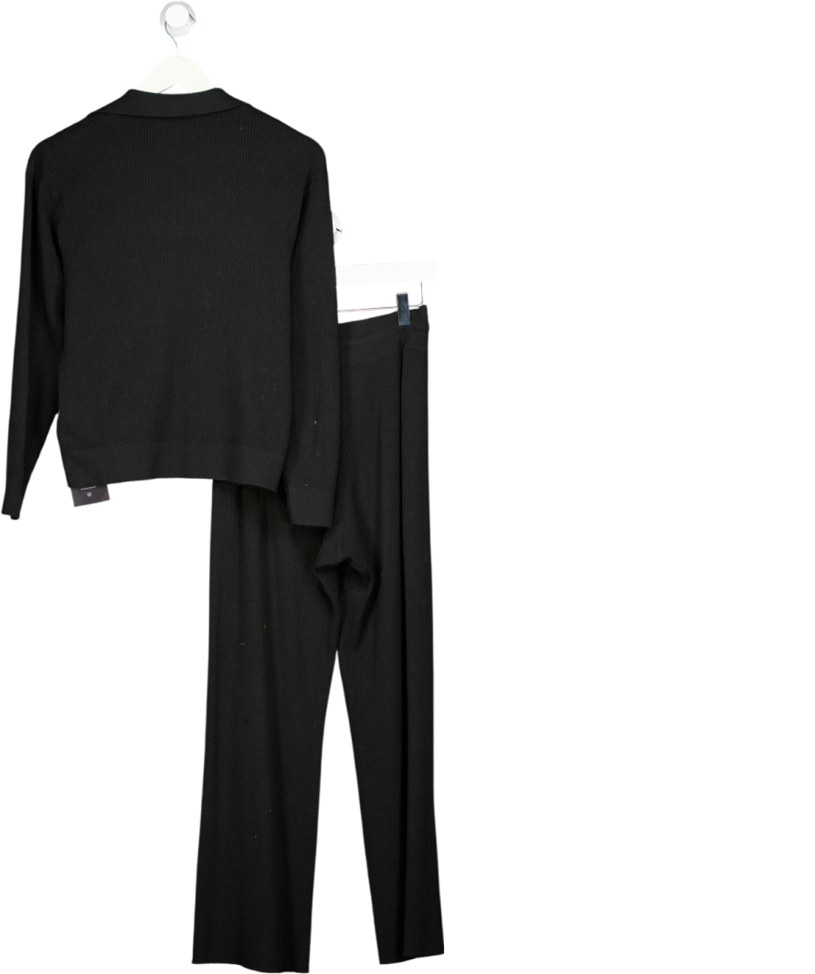 Uniqlo Black 2-piece Machine Washable Ribbed Knit Collared Polo Top & Wide Leg Lounge Trouser Set UK M