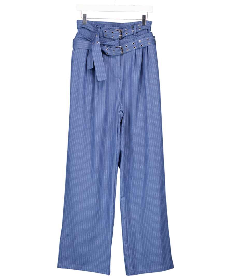 GHOSPELL Blue Bettie Tailored Pinstripe Double Buckle Wide Leg Trousers UK M