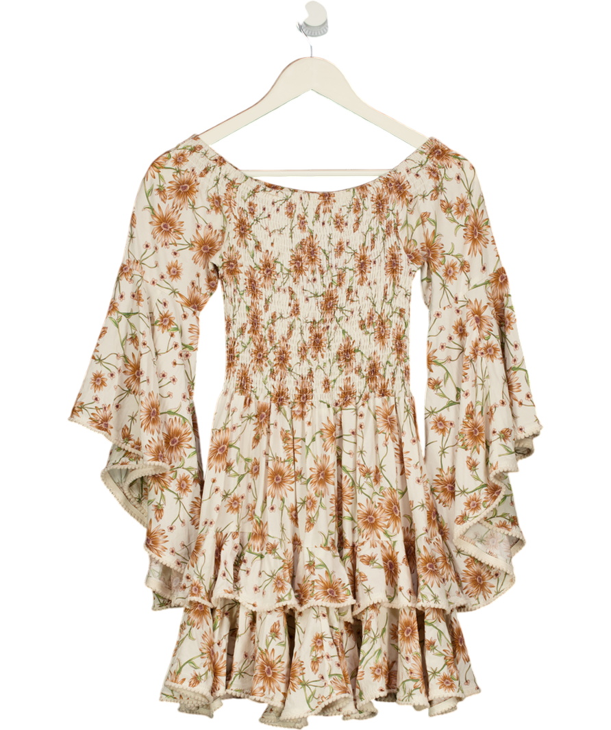 JAASE Cream / Brown Floral Tiered Mini Dress UK XS