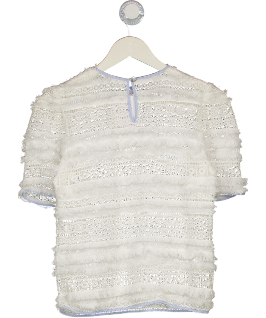DONNA IDA White Lace Fringed Top With Contrast Blue Trim UK S