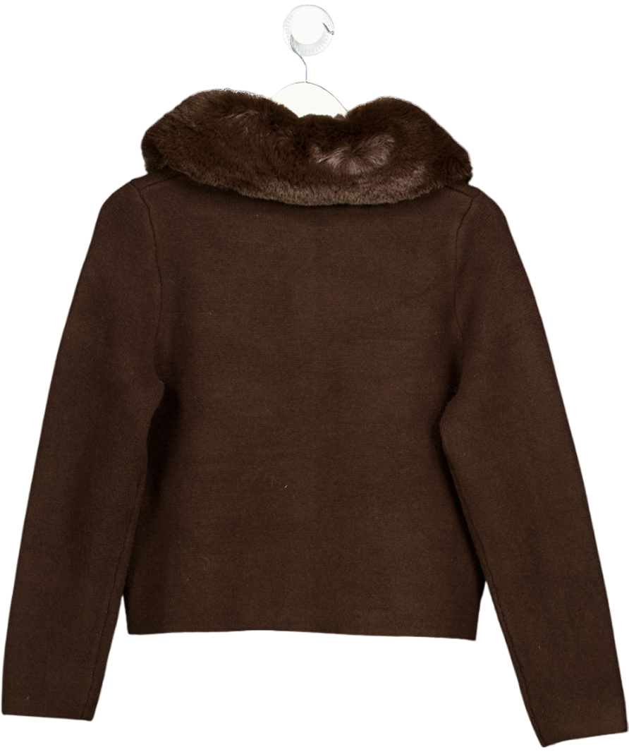 ZARA Dark Brown Cardigan With Faux Fur Collar UK S