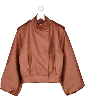 AQUI Brown Bomber Jacket In Grained Faux Leather UK S