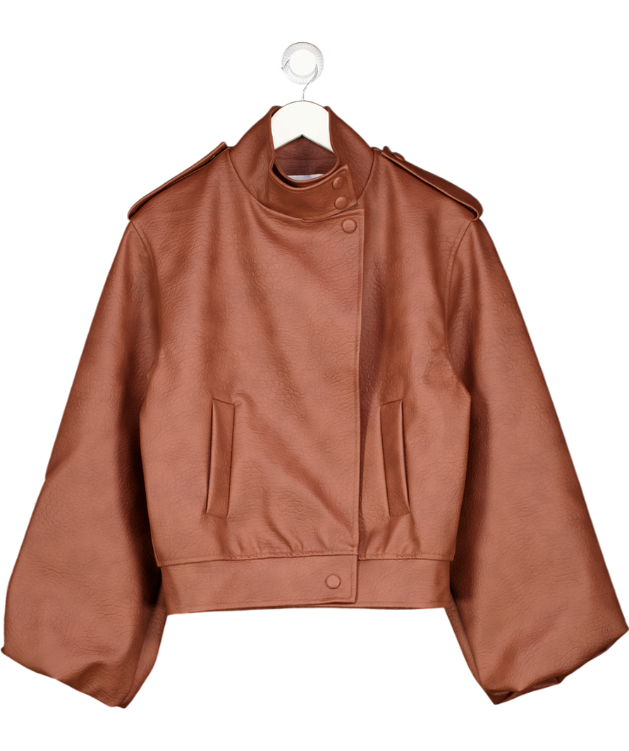 AQUI Brown Bomber Jacket In Grained Faux Leather UK S