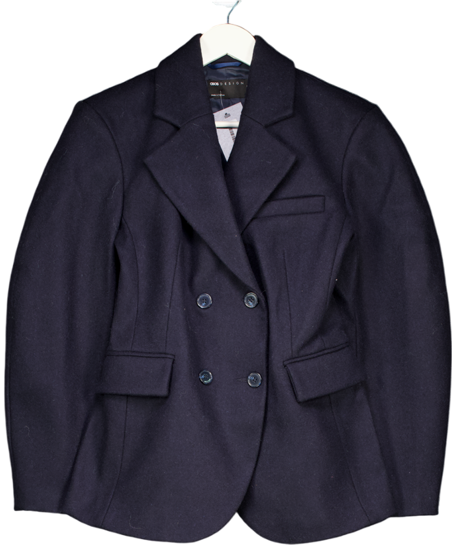 ASOS Blue Tailored Wool Rich Cocoon Sleeve Cinched Waist Blazer In Navy UK 8