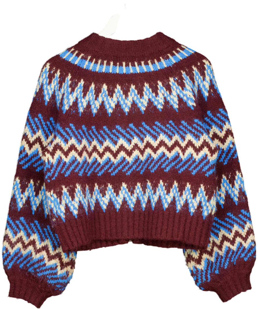 M&S Per Una Burgundy / Blue Fair Isle Knitted Bomber Cardigan UK M