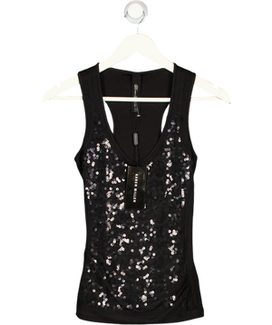 KAREN MILLEN Black 100% Cotton Sequin Front Racer Back Top UK 8