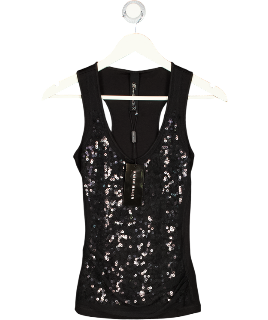 KAREN MILLEN Black 100% Cotton Sequin Front Racer Back Top UK 8